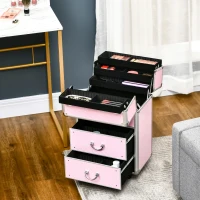 HOMCOM Husa pentru calatorii de machiaj, carucior mare de depozitare pentru produse cosmetice, portbagaj pentru carucior de calatorie cu blocare cu tavi pliabile, roti pivotante si chei, roz(m-8)