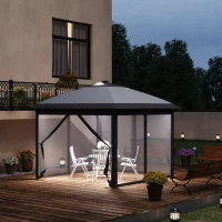 Outsunny 3,3 x 3,3 m Faltpavillon mit LED-Beleuchtung, Meshvorhänge, Tragetasche, Grau(m-10)