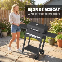 Outsunny Grătar cu Cărbuni, cu 2 Rafturi Laterale, Termometru, Capac și Roți, 110x46.5x101 cm, Negru(m-7)