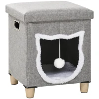 PawHut Niche chat interieur maison chat interieur 2 en 1 pied en bois coussin amovible lavable balle, 35,5x35,5x42,5cm, gris(m-17)