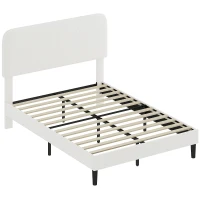 HOMCOM Estrutura de Cama Dupla com Cabeceira Ajustável em Altura Estofada em Tecido Macio com Ripas de Madeira Branco(m-1)