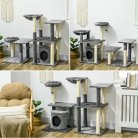 PawHut Arranhador para Gatos com Poste de Arranhar de Sisal Cama Caverna Plataformas e Bolas Suspensas 49x49x144 cm Cinza(m-7)