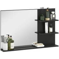 kleankin Oglindă de baie modernă cu 2 rafturi laterale și raft inferior, din lemn și sticlă, 75x10x48 cm, negru(m-11)