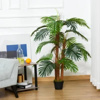 Outsunny Palmeira Artificial Planta Sintética de 120cm com Vaso 19 Folhas Realistas e 3 Troncos Decoração para Casa Escritório Exterior Verde(m-10)