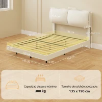 HOMCOM Cama de Casal 135x190 cm Estrado com Cabeceira Acolchoada Efeito Flutuante Estrutura Metálica Bege(m-3)