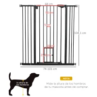 PawHut Barrera de Seguridad Extensible con Puerta Pequeña Cierre Automático y Sistema de Doble Bloqueo 74-101x104,1 cm Negro(m-3)