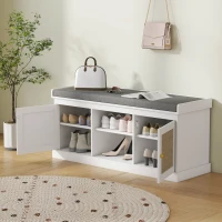 HOMCOM Banco Sapateira com Assento Acolchoado Portas em Vime e Prateleira Aberta para 9 Pares de Sapatos 105x35x47 cm Branco(m-8)