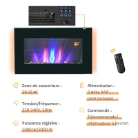 HOMCOM Cheminée électrique murale 1000/2000 W, cheminée décorative avec effet flamme 7 couleurs réglables, 72,5x11,5x40cm, noir(m-7)