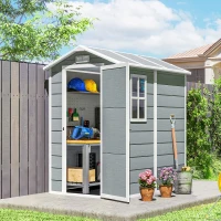 Outsunny 4 x 6ft Garden Shed, Plastic Shed with Floor, Window, Lockable Door and Vents, Resin Tool Shed for Outdoor Patio Storage, Zero Maintenance, Grey(m-14)