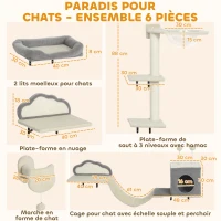 PawHut Étagères murales pour chat ensemble de meubles muraux 6 pièces hamac à bulles en acrylique niche hamac échelle beige(m-3)