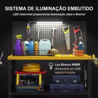HOMCOM Bancada de Trabalho com Painel Perfurado, Tomadas, Luz LED e Rodas, Preto e Amarelo(m-7)