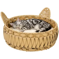 PawHut Katzenbett Rattan Katzenhöhle mit abnehmbares Kissen, Katzenkorb für Katzen bis 10 kg, 50 x 50 x 25 cm, Hellbraun(m-12)