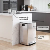HOMCOM Coș de gunoi cu 2 compartimente de 20L cu pedală și capac silențios, din oțel inoxidabil și PP, 41,8x36,7x58 cm(m-9)