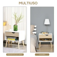 HOMCOM Set di 2 Set de 2 Noptiere Moderne cu Sertar şi  Etajera, Baza Înalţata şi Picioare din Lemn , 50x39x51cm, Alb şi Stejar (m-8)