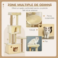 PawHut Copac pentru Zgâriat Pisici Înalt de 136 cm cu Căsuță Detașabilă, Căsuță și Pat, Stâlpi din Iută, Beige(m-4)