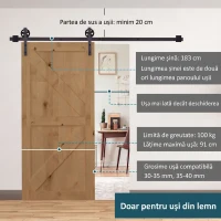 HOMCOM Kit Ușă Glisantă 100kg max din Oțel cu Șină, Cârlige, Opritoare, Șuruburi și Piulițe, 183x4x0.6 cm(m-6)