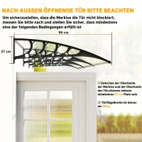 Outsunny Vordach für Haustür/Fenster, wetterfest, transparent, Aluminium-Verbindungstangen/Polycarbonat, 303x96x27cm, Schwarz(m-7)