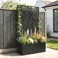 Outsunny Blumenkasten mit Sichtschutz Pflanzkasten mit Rankgitter tropischen Blattmotiven 61 x 23 x 113 cm Schwarz(m-9)