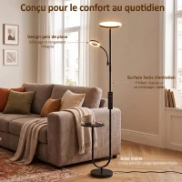 HOMCOM Lampadaire LED Dimmable 42W 4840LM Liseuse Réglable et Tablette Lampadaire sur Pied Salon 2700K-6000K Télécommande Noir(m-7)