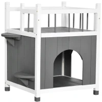PawHut Katzenhaus mit Balkon Katzenhütte Lodge Outdoor Winterfest Massivholz Grau+Weiß 60 x 46 x 65 cm(m-1)