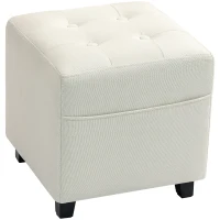 HOMCOM Repose pied salon, ottoman, siège rembourré capitonné en tissu aspect lin avec poche latérale, 35 x 35 x 35 cm, crème(m-1)