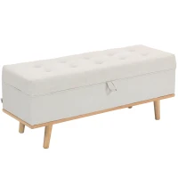 HOMCOM Bancă de Depozitare de 80L Tapițată cu Material Textil și Picioare din Lemn, 118x42x45 cm, Crem(m-1)