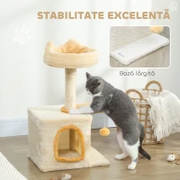 PawHut Ansamblu pentru Pisici cu Platformă și Căsuță, din Lemn, Pluș și Sisal, 40x30x72 cm, Bej și Galben(m-6)