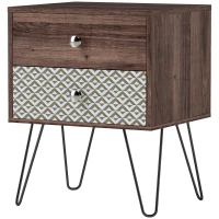 HOMCOM Mesa de Cabeceira com 2 Gavetas Pés de Aço Estilo Boémio Mesa de Cabeceira para Quarto Sala de Estar 45x39x55,5 cm Marrom(m-11)