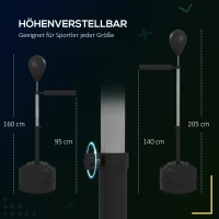 SPORTNOW Punchingball mit Reflexstange, höhenverstellbar 160-205 cm, befüllbare Basis, inkl. Luftpumpe, Schwarz(m-5)