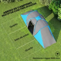 Outsunny Tenda de Campismo Familiar para 4-6 Pessoas com 2 Dormitórios Impermeável 3000 mm com Bolsa 555x225x190 cm Cinza e Azul(m-4)