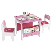 Set masă AIYAPLAY cu 2 scaune pentru copii, vârstă 3-8 ani, masă cu rafturi integrate din MDF cu imprimeuri inimioare, roz(m-11)