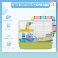 PawHut Cage à hamster rat rongeur 3 niveaux avec tunnel, biberon eau, roue, maisonnette, échelles dim. 59L x 36l x 47H cm(m-4)