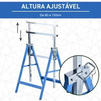 HOMCOM Conjunto de 2 Cavaletes Telescópicos Dobráveis com Altura Ajustável Cavaletes de Serra de Aço para Mesa de Trabalho Carga 200kg 68x58x80-130cm Azul e Prata(m-4)
