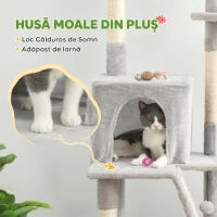 PawHut Copac pentru Pisici cu Fixare pe Tavan, Înălțime Reglabilă 225-255 cm cu Căsuță și Hamac, Gri Deschis(m-9)
