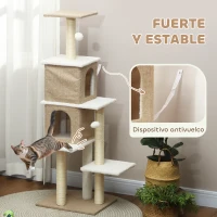 PawHut Árbol Rascador para Gatos de Borreguito de 140 cm con 2 Cuevas Plataformas Bolas Colgantes y Poste de Sisal Marrón Claro(m-6)
