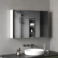 kleankin Dulap Suspendat de Baie cu 3 Uși cu Oglindă și Rafturi Reglabile din Lemn 90x13.5x60 cm, Alb(m-2)