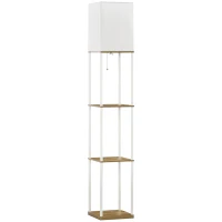 HOMCOM Standleuchte, Deckenfluter, mit Regalen, Metallrahmen, Stoffschirm, 26x26x159cm, Weiß/Braun(m-1)