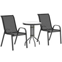 Outsunny Bistro-Set 3-teilig Wetterfest Gartenmöbel Set mit Glastisch Stapelbare Gartenstühlen Schwarz(m-1)