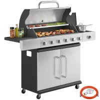 Outsunny Gasgrill 18,6 KW 6+1 Brenner BBQ Grillwagen aus Edelstahl inkl Rolle Thermometer Warmhalterost Seitentisch Unterschrank(m-12)