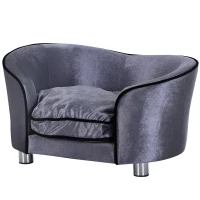PawHut Hundesofa, Hundebett, waschbares Sitzkissen, Plüschbezug, Naturholzrahmen, hellgrau, 69 x 49 x 38cm(m-1)