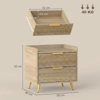 HOMCOM Bedside Table with 2 Drawers, Side End Table with Metal Legs for Bedroom, Living Room, Natural Wood Finish(m-3)