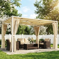 Outsunny Pérgola de Jardim 385x295x225 cm com Teto Ondulado 4 Cortinas Removíveis Proteção UPF50+ e Estrutura de Aço Bege(m-10)