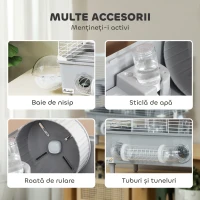 PawHut Cușcă pentru Hamsteri cu 2 Niveluri și 3 Uși, cu Roată și Tuburi, din Oțel, PS și PP, 44.5x28x44 cm, Gri și Alb(m-5)