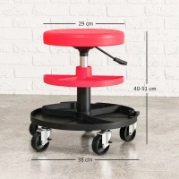 HOMCOM Scaun de Atelier cu Roți de 6 cm, Capacitate până la 135 kg, Înălțime Reglabilă 40-51 cm, cu Tăvi pentru Scule, Roșu(m-3)