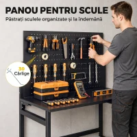 HOMCOM Banc de Lucru Pliabil Portabil cu Panou Perforat, Blat Gros din Lemn, Structură din Oțel, Negru(m-6)