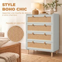 HOMCOM Commode 4 Tiroirs en Bois et Rotin PVC, Style Bohème, pour Chambre à Coucher, Entrée, Couloir, 80x40x109,2cm, Vert Sauge(m-4)