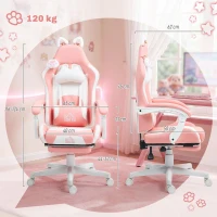 HOMCOM Cadeira Gaming com Orelhas Cadeira Gamer Reclinável com Altura Ajustável e Suporte Lombar 65x62x116-124 cm Rosa e Branco(m-3)