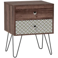 HOMCOM Mesa de Cabeceira com 2 Gavetas Pés de Aço Estilo Boémio Mesa de Cabeceira para Quarto Sala de Estar 45x39x55,5 cm Marrom(m-1)