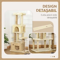 PawHut Copac pentru Zgâriat Pisici Înalt de 136 cm cu Căsuță Detașabilă, Căsuță și Pat, Stâlpi din Iută, Beige(m-7)