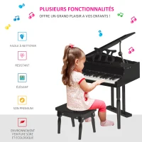 HOMCOM Piano à queue enfant en bois Piano enfant clavier de piano 30 touches - tabouret et pupitre inlus - Instrument de Musique - MDF noir(m-7)